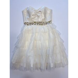 Dressed by Deb Women 3/4 Ivory Brocade Tulle Tiered Beaded Cocktail Dress 116723